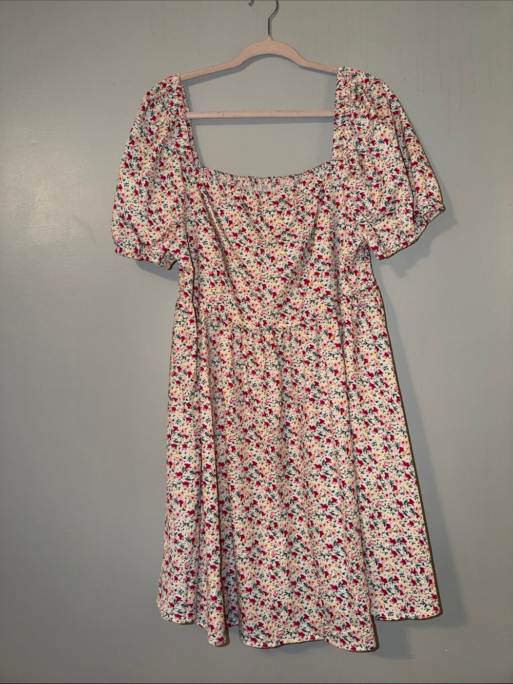 Adorable Floral Puff-Sleeve Dress in White with Red and Green Accents